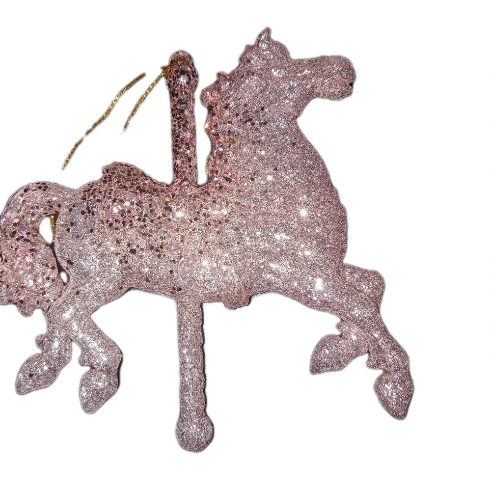 Lot of 3 Carousel Horse Christmas Tree Ornaments Champagne Rose Gold Glitter NEW
